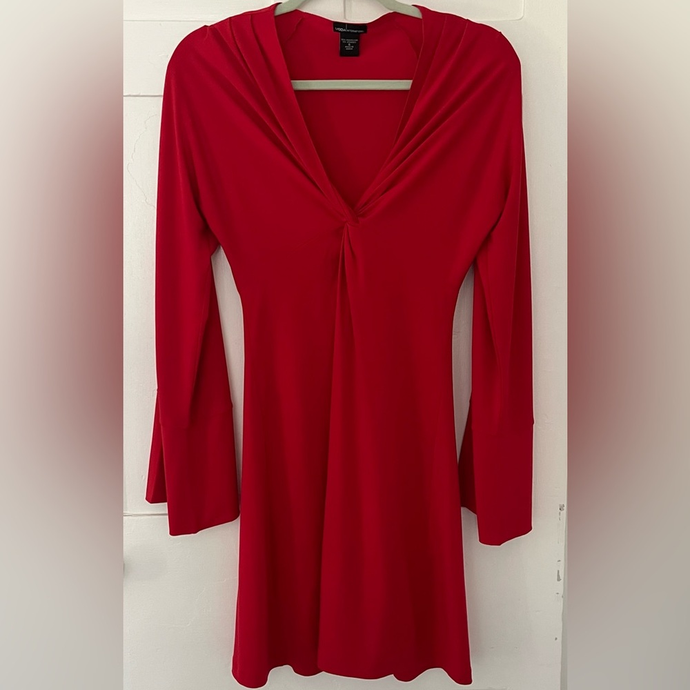 Bell-sleeve Midi Dress with plunge neckline in red stretch, size small